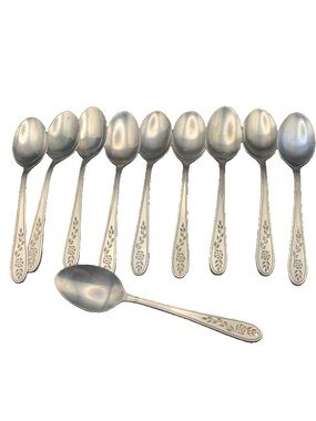 Vintage Rogers Stainless Floral Mist Etched Rose Pattern Lot of 10 Soup Spoons
